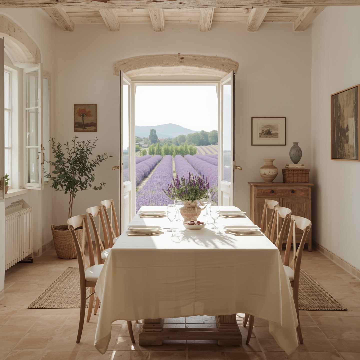 Provence-tyylinen ruokailutila pellava pöytäliinalla ja keramiikka-astioilla