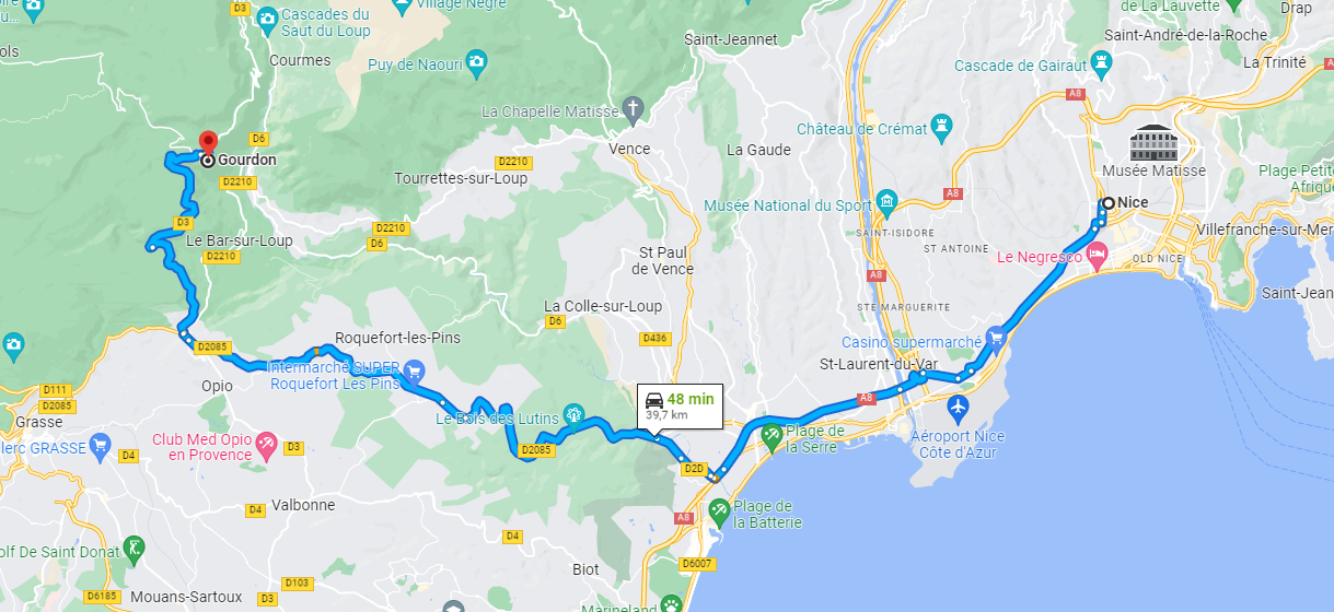 google map directions from Nice to Gourdon